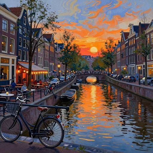 Vibrant photograph of a Dutch canal at sunset, with colorful sky, reflections on water, bicycles, and charming buildings lining both sides.