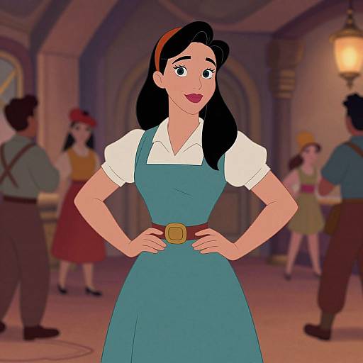 Digital illustration of a smiling, fair-skinned woman with black hair in a blue pinafore dress and white blouse, hands on hips, in a