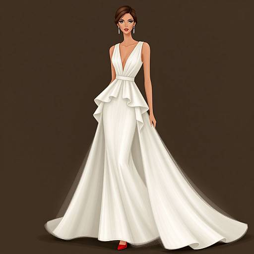 Digital illustration of a brunette woman in a sleeveless, deep V-neck, white, layered wedding gown with a long train, standing against a black background