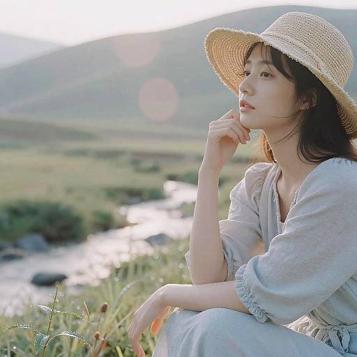 Photograph of a young Asian woman in a straw hat and light blue dress, sitting by a sunlit river with green hills in the background. She