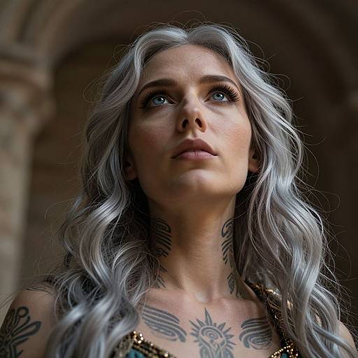 Photograph of a silver-haired woman with blue eyes, large feather tattoos on neck and chest, looking upward. Dark, blurred background. Mysterious,