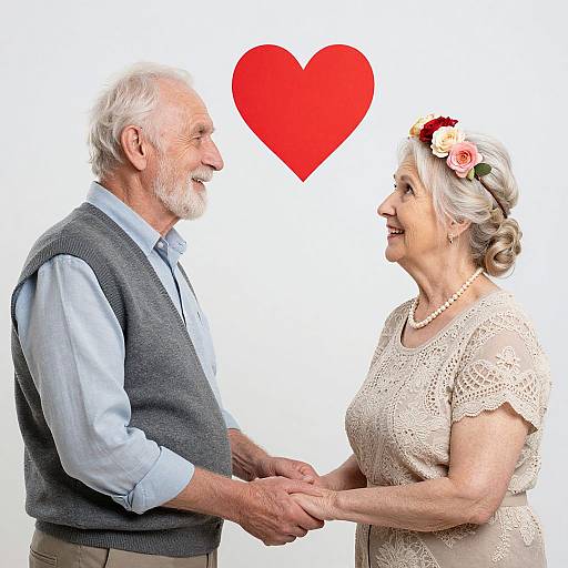 Photograph of elderly white couple holding hands, smiling at each other with a red heart above, woman in lace dress, flower crown, man in sweater