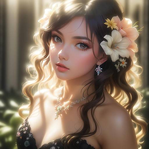 Sunlit Floral Jewelry Curly Hair Portrait