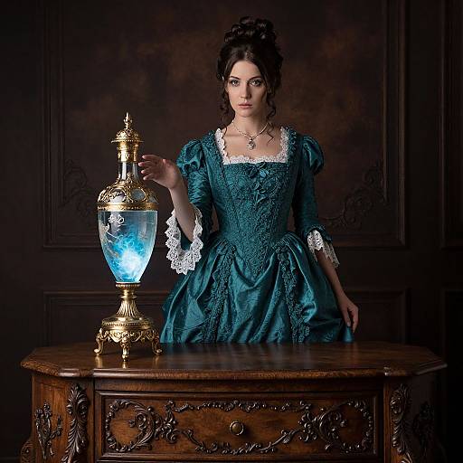 Photograph of a dark-haired woman in an ornate teal Victorian dress, holding a glowing blue lamp on an intricately carved wooden table, against a