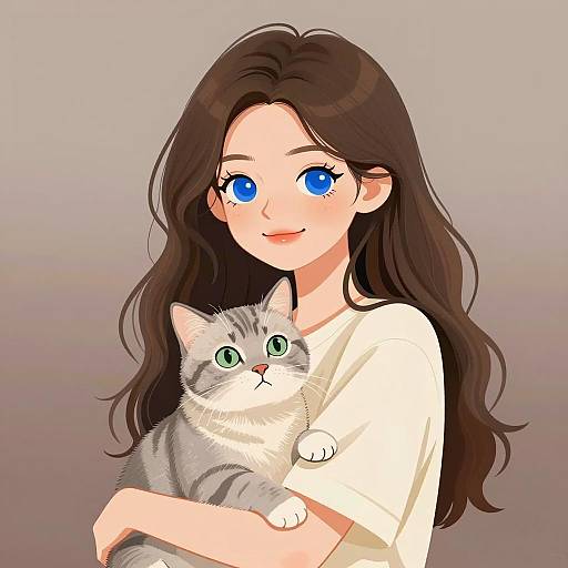 Young Woman with Gray Tabby Cat Illustration