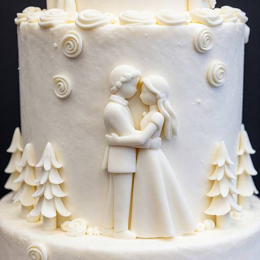 White wedding cake with fondant couple kissing, surrounded by small fondant trees and swirls, illuminated from within. Romantic, elegant design.