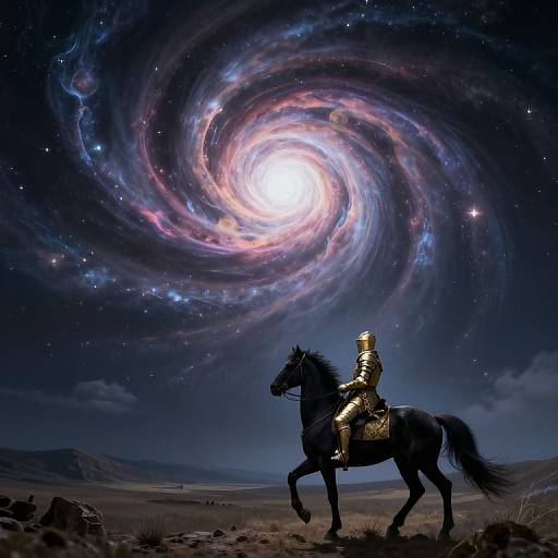 Digital art: Silhouetted warrior in golden armor rides black horse under a glowing, swirling galaxy in a dark, starry night sky.