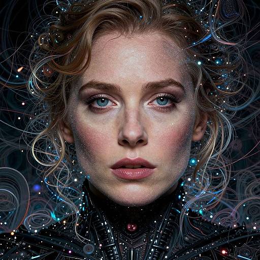 Digital portrait of a fair-skinned, blue-eyed woman with wavy blonde hair, surrounded by swirling cosmic patterns and star-like lights.
