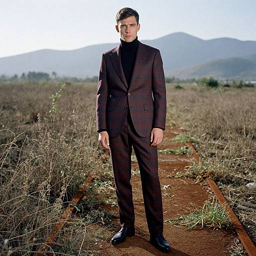 Photograph of a handsome man with short dark hair, wearing a dark checkered suit, black turtleneck, and black shoes, standing on rusty