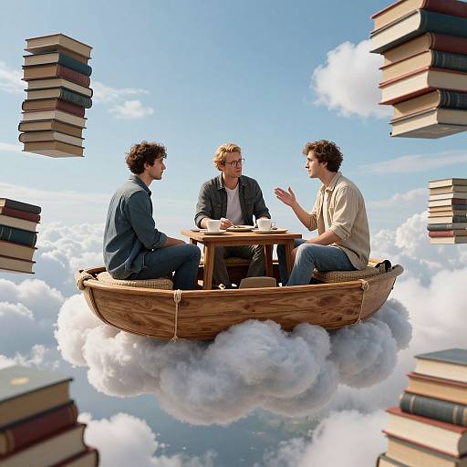 Photograph-style digital artwork: Three men with curly hair, in casual jackets, sit on a wooden boat with clouds, surrounded by floating books, discussing