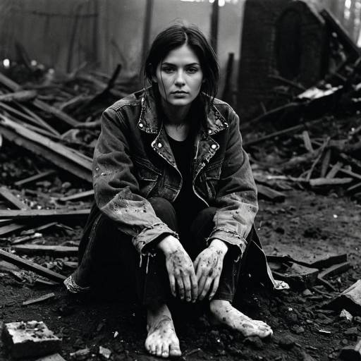 Barefoot Woman Sitting Among Rubble
