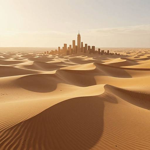 Photorealistic CGI of a desert with rippling sand dunes at sunset, featuring a tall skyscraper cityscape in the distance.