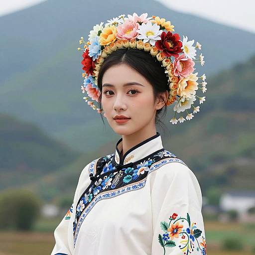 Woman in Traditional Embroidered Dress with Floral Crown