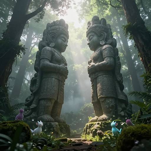 Photograph of two ancient, stone statues with intricate carvings, standing in a misty forest; sunlight filters through trees, surrounded by small,