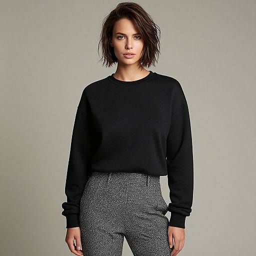 Photograph of a woman with short, messy brown hair wearing a black sweater and high-waisted black-and-white checkered pants against a plain gray