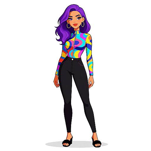 Digital illustration of a confident woman with vibrant purple hair, wearing a colorful geometric-patterned blouse, black high-waisted pants, and black sandals,