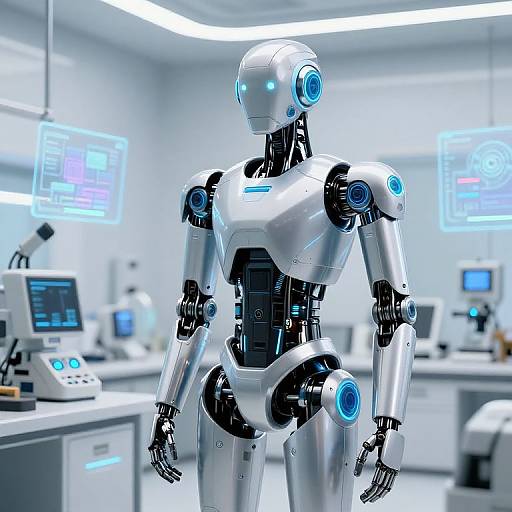 Photograph of a sleek, silver humanoid robot with blue glowing eyes and joints, standing in a futuristic, well-lit lab with computer screens and medical