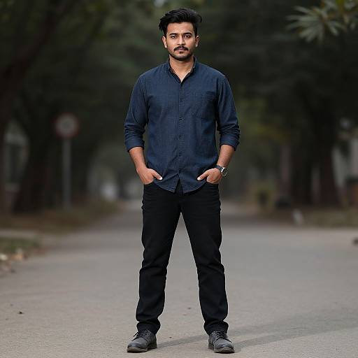 Photograph of a handsome Indian man with black hair and mustache, wearing a navy shirt, black pants, and black shoes, standing confidently on a