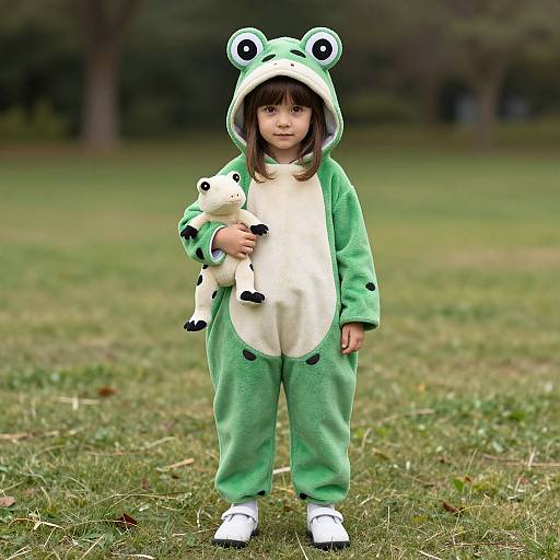 Photograph of a young girl in a green frog costume with frog ears, standing on grass, holding a small frog plush.