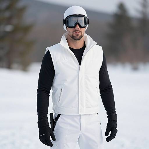 Photograph of a bearded man in white snow gear, black long-sleeve shirt, and black gloves, wearing ski goggles, standing in a