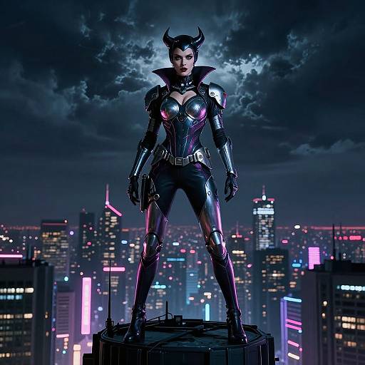 Digital art of a fierce female superhero with black horns, metallic armor, and tight black outfit, standing on rooftop, neon cityscape at night.
