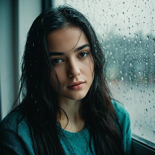 Melancholic Young Woman by Rainy Window