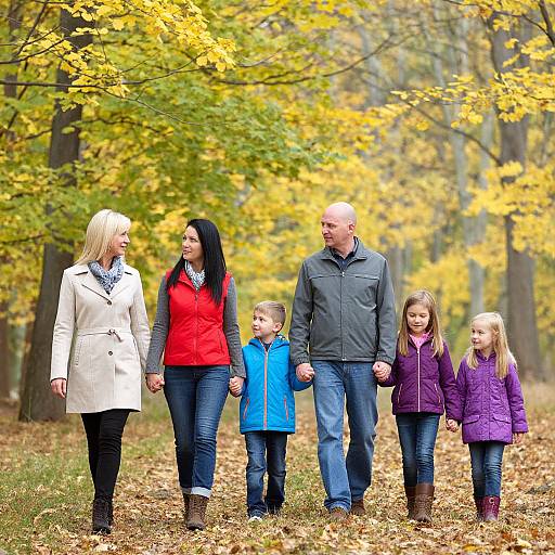 Colorful Family Walk in Autumn Forest