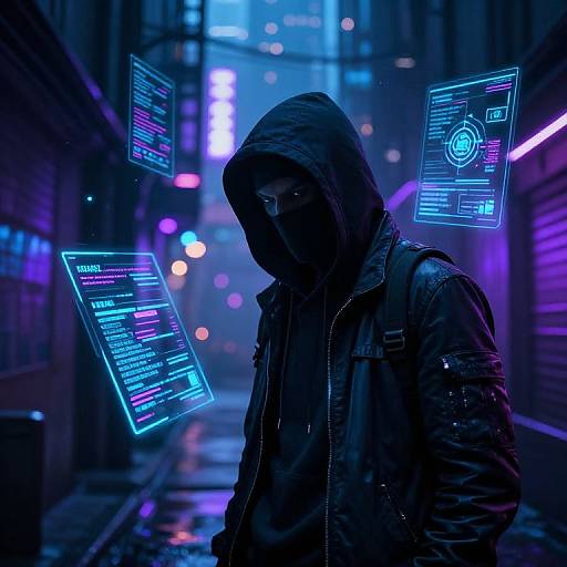 Cyberpunk street scene: hooded figure in dark jacket, face obscured, glowing neon holograms float around, neon-lit alley at night.