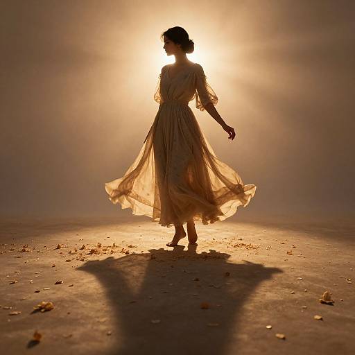 Silhouetted woman in flowing dress walks against radiant sun, casting long shadow on sandy ground; warm, golden light bathes scene. Photograph.
