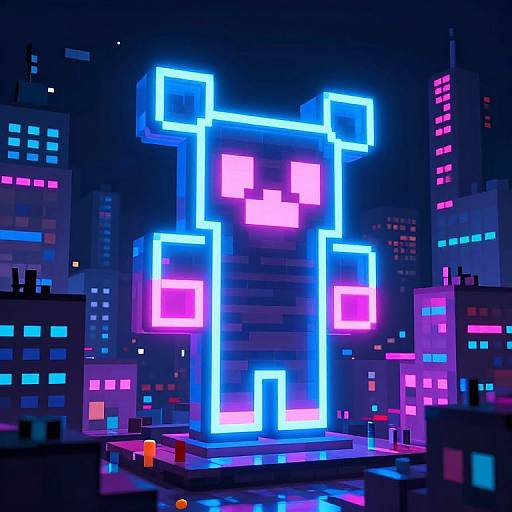 Glowing neon cross-shaped structure in a vibrant, pixelated cityscape at night, with colorful lights on surrounding skyscrapers. Digital art.