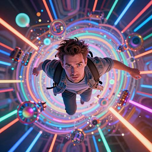 Photograph of a young man with spiky brown hair, wearing a denim jacket and grey shirt, diving towards a colorful, neon-lit, circular