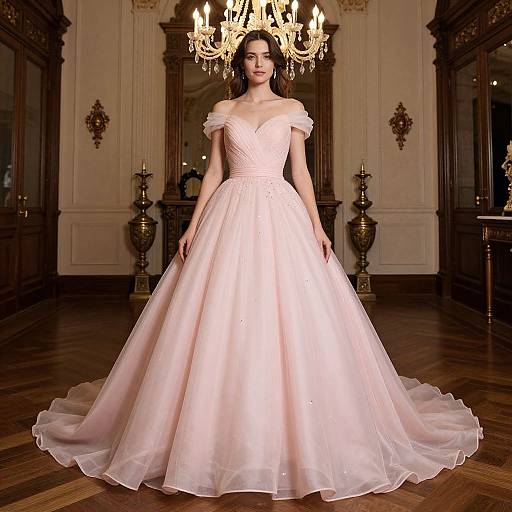 Photograph of a woman in an off-shoulder, pale pink, full-skirted ball gown, standing in an ornate, chandelier