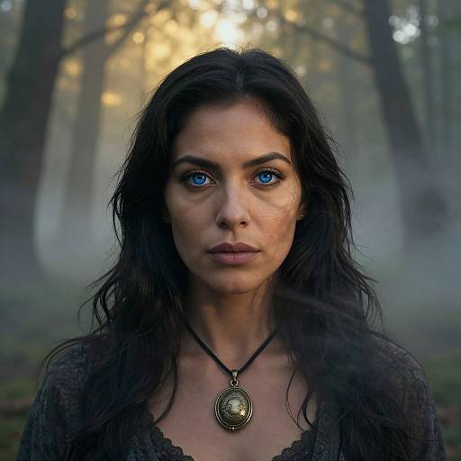 Photorealistic digital portrait of a young woman with striking blue eyes, long black hair, wearing a black lace top and a pendant necklace, standing in