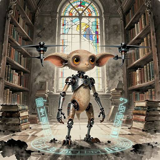 Steampunk Robotic Elf in Ancient Library