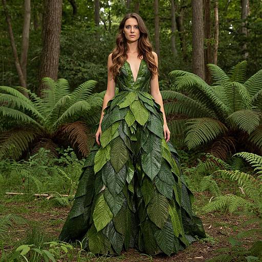 Photograph of a woman with long brown hair in a forest, wearing a green leaf-embellished, V-neck ball gown, standing amidst fern