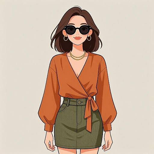 Digital illustration of a stylish woman with dark brown hair, black sunglasses, orange V-neck blouse, green high-waisted skirt, and gold hoop earrings