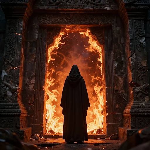 Photograph of a hooded figure standing silhouetted before a blazing, fiery portal framed by intricate, dark stone carvings.