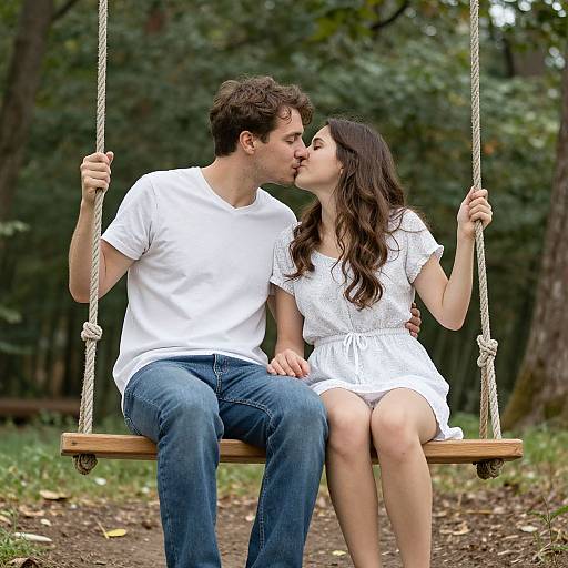 Photograph of a young couple kissing on a wooden swing in a forest, both wearing white clothes, with lush greenery in the background.