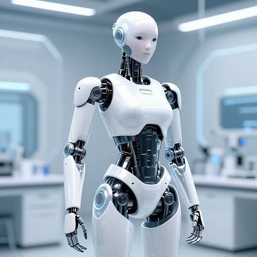 Photorealistic CGI of a sleek, white and black female humanoid robot with glowing joints, standing in a modern, brightly-lit laboratory.