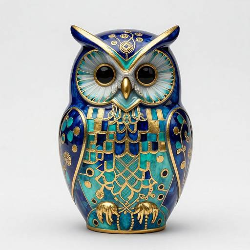 Detailed, vibrant ceramic owl figurine with blue and teal patterns, gold accents, large black eyes, and intricate designs, standing on a white background.