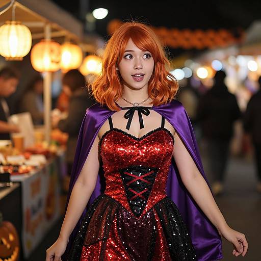 Photograph of a young woman with red hair, wearing a sparkly red and black corset dress with purple cape, at a nighttime market stall with