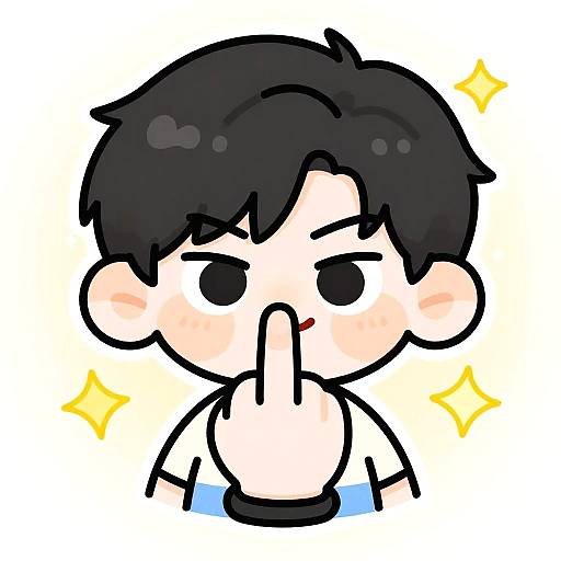 Chibi-style digital drawing of a black-haired character with a white shirt, making a shushing gesture, surrounded by yellow sparkles.