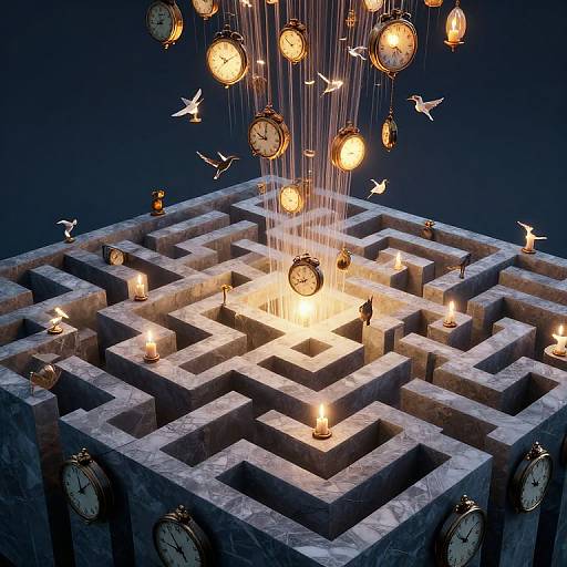 Surreal 3D Labyrinth of Clocks and Birds