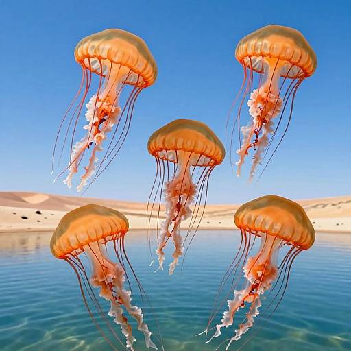 Vibrant Orange Jellyfish Over Desert Oasis