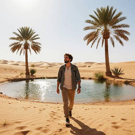 Explorer Walking Near Oasis in Desert