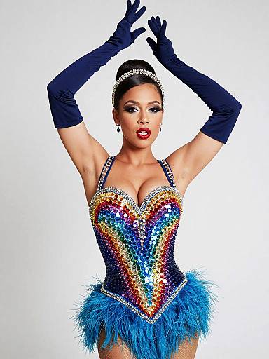 Photograph of a glamorous Latina woman in a sequined heart corset, blue feather skirt, and long black gloves, arms raised, white background.