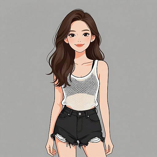 Digital illustration of a young woman with long brown hair, wearing a white dotted tank top and frayed black shorts, standing against a plain gray background.