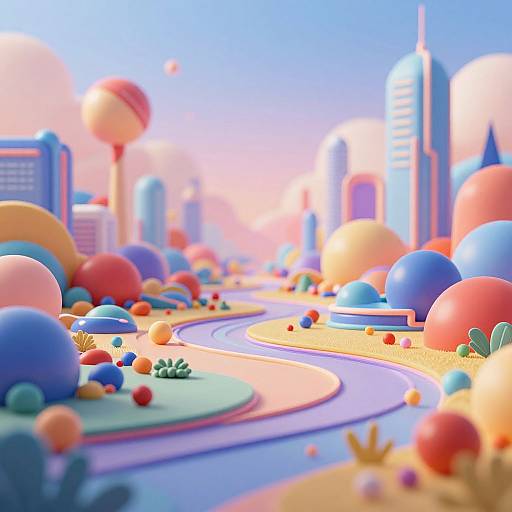 Bright, surreal digital artwork of a winding road through a colorful cityscape with oversized balls, spheres, and buildings under a vibrant blue sky.