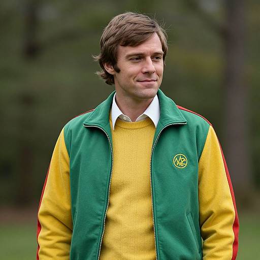 Photograph of a young man with medium-length brown hair, wearing a green and yellow track jacket over a yellow sweater, standing outdoors with a blurred forest
