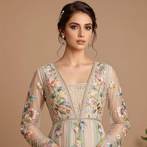 Elegant Woman in Floral Embroidered Gown